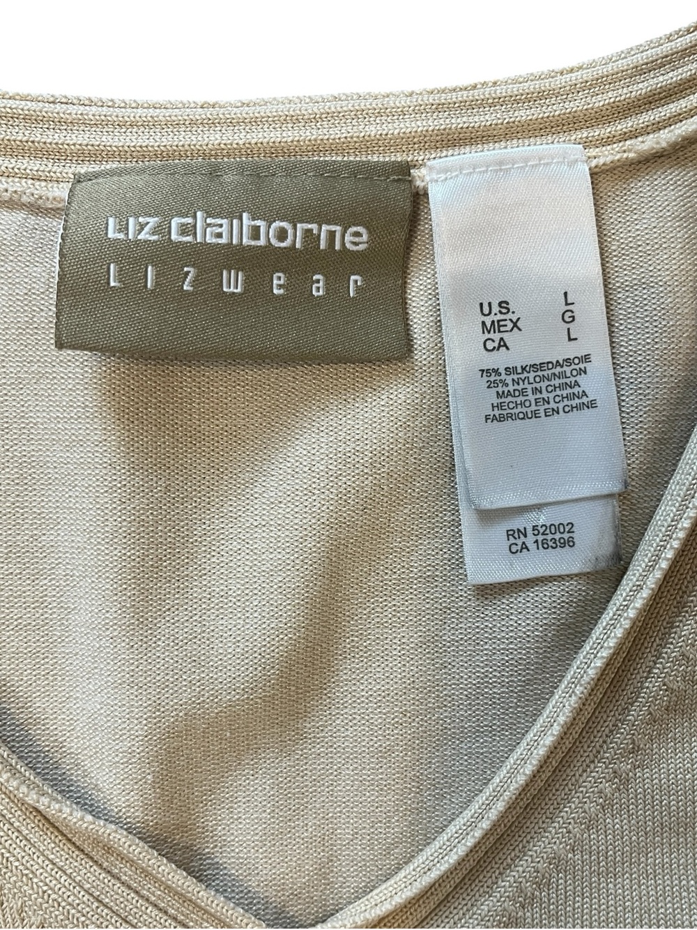 Vintage Liz Claiborne Silk Sweater Top Short Sleeve Neutral Beige Womens Large - Picture 5 of 6